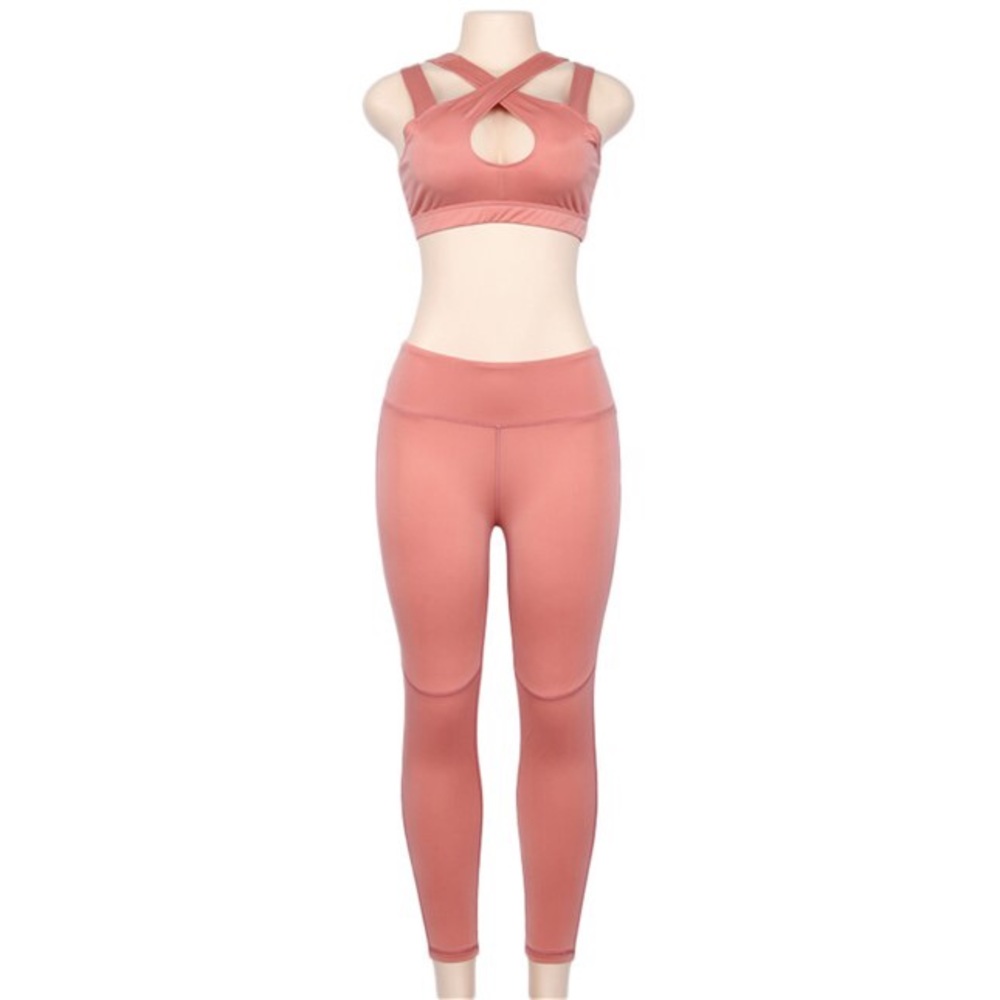 Pink Hollow Crop Top and Skinny Leggings 2Pcs Set